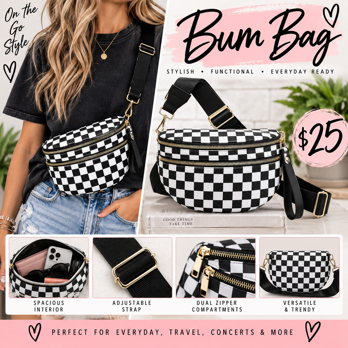 Black/White Checkered Bum Bag Crossbody