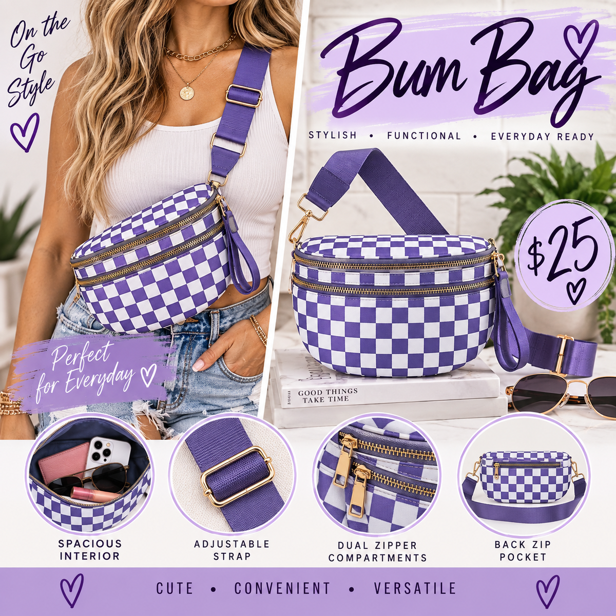 Purple/White Checkered Bum Bag Crossbody
