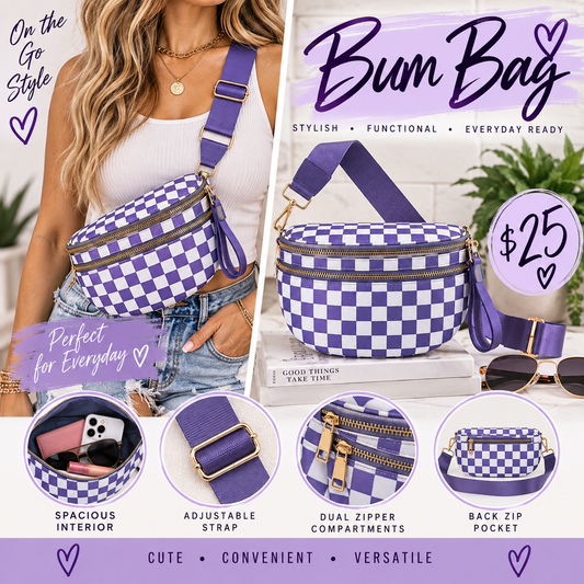 Purple/White Checkered Bum Bag Crossbody
